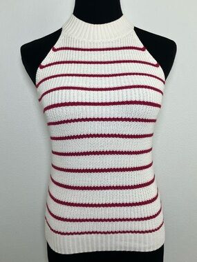 Knit Halter Tank Top with White Metallic Red Stripes